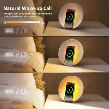 COLSUR Sunrise Alarm Clock Wake Up Light,Bluetooth Speaker,Wireless Charging,White Noise,Bedside Lamp,Bedroom,Snooze & Sleep Aid,Ideal for Gift