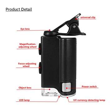 Hangang Universal Clip LED Zoom 60X-100X Pocket Microscope Magnifier for Cellphone UV Currency Detectting Biology Jewelry Appraisal Microscope