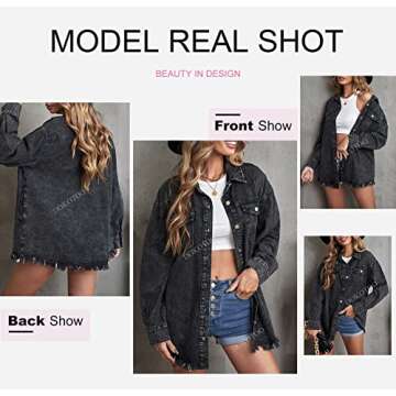 Dokotoo Women's Jean Jacket Oversized Button DownLong Sleeve Denim Shirts Spring Summer Shackets Distressed Ripped Denim Jackets Fray Hem Tassels Jean Jacket for Women with Pockets, (US 8-10) M,Black