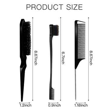 3 Pieces Teasing and Styling Brush Set: Hair Brush with 3 Rows, Dual Edge Brush, and Sturdy Parting Comb for Brushing, Combing, and Slicking Hair (Black)