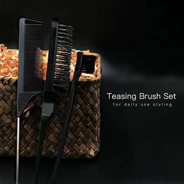 3 Pieces Teasing and Styling Brush Set: Hair Brush with 3 Rows, Dual Edge Brush, and Sturdy Parting Comb for Brushing, Combing, and Slicking Hair (Black)