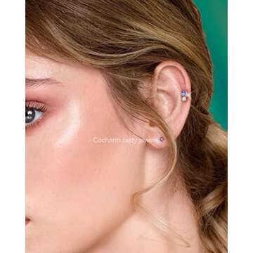 COCHARM 14K Solid Gold Helix Earring Stud Purple CZ 16g Flat Back Helix Piercings Real Gold Push Pin...