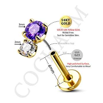 COCHARM 14K Solid Gold Helix Earring Stud Purple CZ 16g Flat Back Helix Piercings Real Gold Push Pin Tragus Earrings Yellow Gold Threadless Tragus Stud Short 14k Gold Tragus Piercing
