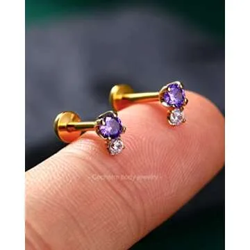 Stylish 14K Gold Helix Earrings with Sparkling Purple CZ