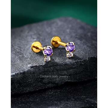 COCHARM 14K Solid Gold Helix Earring Stud Purple CZ 16g Flat Back Helix Piercings Real Gold Push Pin Tragus Earrings Yellow Gold Threadless Tragus Stud Short 14k Gold Tragus Piercing
