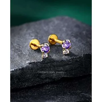 Stylish 14K Gold Helix Earrings with Sparkling Purple CZ