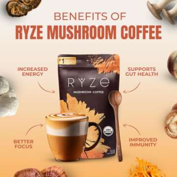 RYZE Mushroom Coffee | 6 Adaptogenic Mushrooms | USDA Organic | Instant Coffee | MCT Oil | USA Grown...