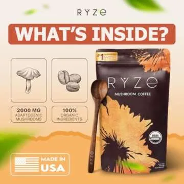 RYZE Mushroom Coffee | 6 Adaptogenic Mushrooms | USDA Organic | Instant Coffee | MCT Oil | USA Grown | Better Energy, Focus, Digestion, Immunity | Cordyceps, Lion’s Mane, Turkey Tail | 30 servings