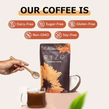 RYZE Mushroom Coffee | 6 Adaptogenic Mushrooms | USDA Organic | Instant Coffee | MCT Oil | USA Grown | Better Energy, Focus, Digestion, Immunity | Cordyceps, Lion’s Mane, Turkey Tail | 30 servings