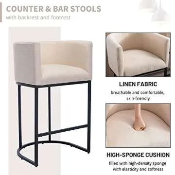 RIVOVA Contemporary Cream Linen Bar Stool, 29" Upholstered Fabric Counter Height Barstool Kitchen Counter Island Stool with Black Metal Base