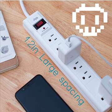 KMC 6-Outlet Surge Protector Power Strip, 2-Pack, 1200 Joules, 6ft Cord, Adapter Spaced Outlet, Overload Protection, White