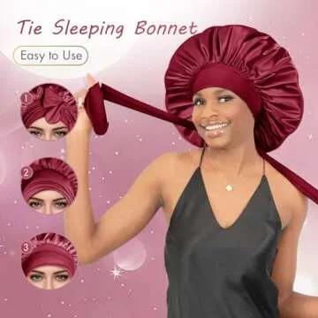 BONNET QUEEN Large Satin Bonnet Silk Bonnet for Sleeping Women Hair Bonnet Big Bonnet Night Sleep Cap Scarf Wrap for Curly Hair with Tie Band Red Burgundy