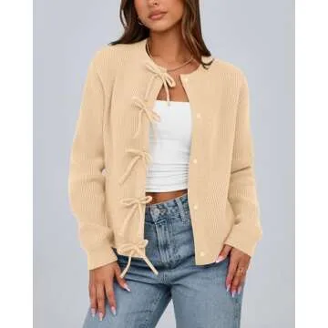 BTFBM Cardigan Sweaters for Women Trendy 2025 Fall Open Front Long Sleeve Button Down Bow Knot Cropped Lady Jacket(Beige, Large)