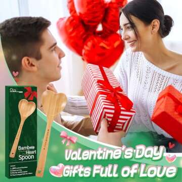 Bamboo Heart Shaped Spoon for Cooking - Wooden Cook with Love Spoon Kitchen Utensils, Valentines Mother's Day Gifts for Grandma Mom Couple Wife Hostesses House Warming