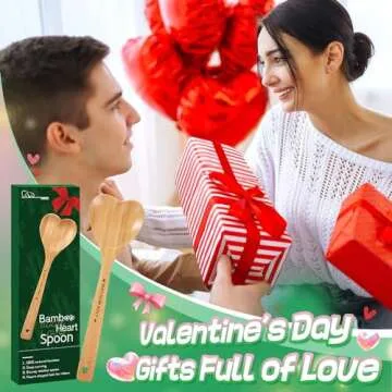 Bamboo Heart Shaped Spoon for Cooking - Wooden Cook with Love Spoon Kitchen Utensils, Valentines Mother's Day Gifts for Grandma Mom Couple Wife Hostesses House Warming