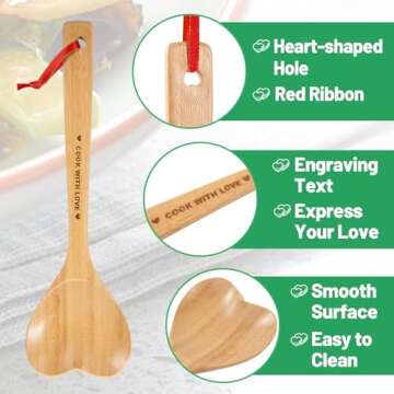 Bamboo Heart Shaped Spoon for Cooking - Wooden Cook with Love Spoon Kitchen Utensils, Valentines Mother's Day Gifts for Grandma Mom Couple Wife Hostesses House Warming