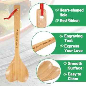 Bamboo Heart Shaped Spoon for Cooking - Wooden Cook with Love Spoon Kitchen Utensils, Valentines Mother's Day Gifts for Grandma Mom Couple Wife Hostesses House Warming