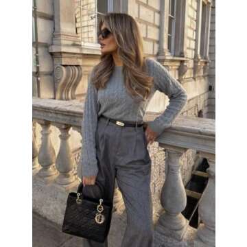 EVALESS Womens Twisted Knit Old Money Golf Gray Pullover Sweater Classic Fit Round Neck Soft Basic Tops Large