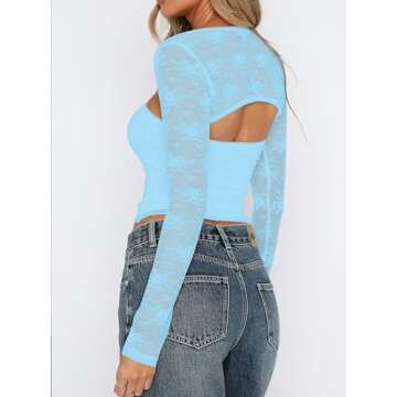 Womens Off Shoulder Y2K Tops Flared Sleeve Mesh Cropped Top Sheer Crochet See Through Sexy Fairy T Shirt Streetwear