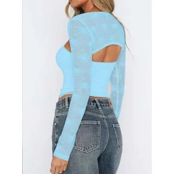 Womens Off Shoulder Y2K Tops Flared Sleeve Mesh Cropped Top Sheer Crochet See Through Sexy Fairy T Shirt Streetwear