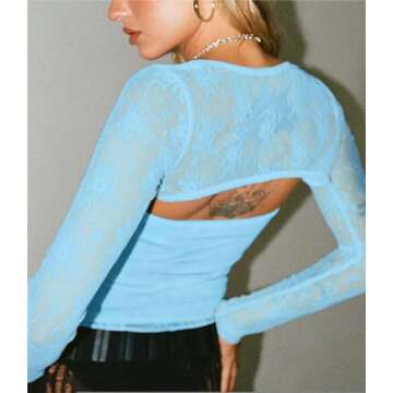 Womens Off Shoulder Y2K Tops Flared Sleeve Mesh Cropped Top Sheer Crochet See Through Sexy Fairy T Shirt Streetwear