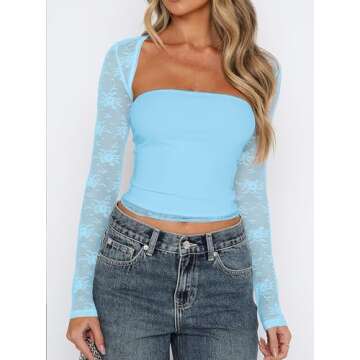 Womens Off Shoulder Y2K Tops Flared Sleeve Mesh Cropped Top Sheer Crochet See Through Sexy Fairy T Shirt Streetwear