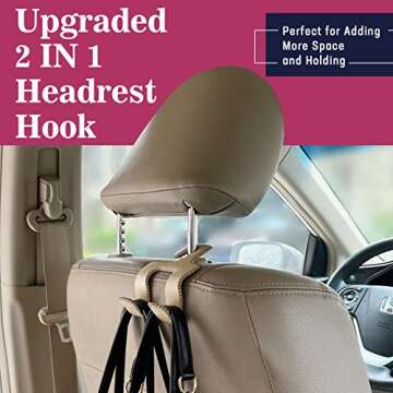 TISOHUGO Upgraded Headrest Hooks for Car - 2 in 1 Genuine Leather Vehicle Organizer