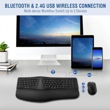 MK960 Ergonomic Wireless Keyboard Mouse Combo, Bluetooth/2.4G Split Design Keyboard with Palm Rest and 4 Level DPI Adjustable Wireless Mouse Multi-Device, Rechargeable, for Windows/Mac/Android