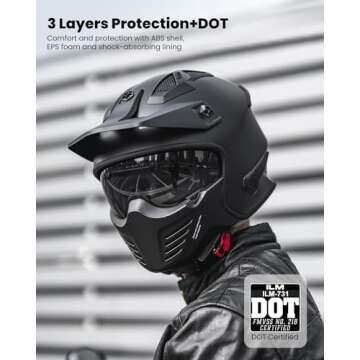 ILM Open Face Motorcycle 3/4 Half Helmet for Dirt Bike Moped ATV UTV Motocross Cruiser Scooter DOT Model 726X (Matte Black,L)