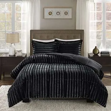 Madison Park Faux Fur Reversible Comforter Set, Down Alternative Filling, Modern Quilted Bedding with Matching Shams, King/California King, Black