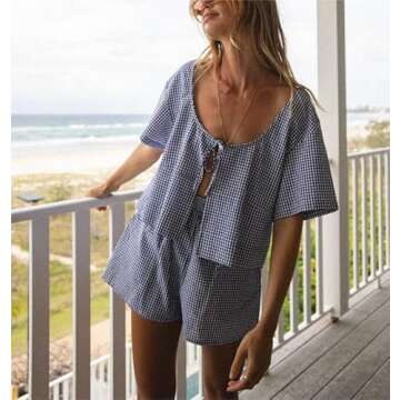 SOOKABEILA Womens 2 Piece Floral Pajama Set Lace Up Short Sleeve Shirts High Waist Shorts Causal Lounge Sets Outfits (cute set 3892 blue,S)