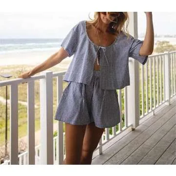 SOOKABEILA Womens 2 Piece Floral Pajama Set Lace Up Short Sleeve Shirts High Waist Shorts Causal Lounge Sets Outfits (cute set 3892 blue,S)