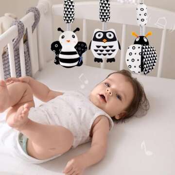 AIPINQI 3 Pack Hanging Rattle Toys,High Contrast Baby Toys and Plush Stroller Toys for Babies 0-18 Months,Newborn Car Seat Toys with Black and White Cartoon Shapes,(Ladybug,Bee & Owl)