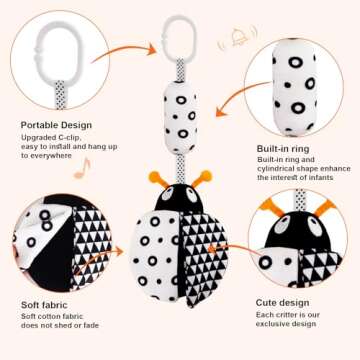AIPINQI 3 Pack Hanging Rattle Toys,High Contrast Baby Toys and Plush Stroller Toys for Babies 0-18 Months,Newborn Car Seat Toys with Black and White Cartoon Shapes,(Ladybug,Bee & Owl)