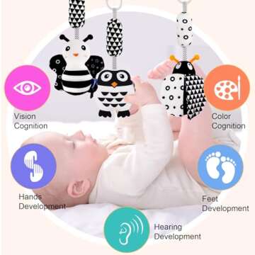 AIPINQI 3 Pack Hanging Rattle Toys,High Contrast Baby Toys and Plush Stroller Toys for Babies 0-18 Months,Newborn Car Seat Toys with Black and White Cartoon Shapes,(Ladybug,Bee & Owl)