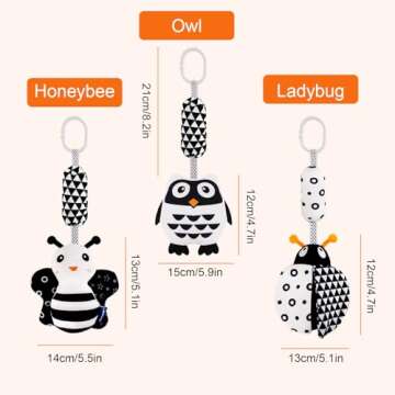 AIPINQI 3 Pack Hanging Rattle Toys,High Contrast Baby Toys and Plush Stroller Toys for Babies 0-18 Months,Newborn Car Seat Toys with Black and White Cartoon Shapes,(Ladybug,Bee & Owl)