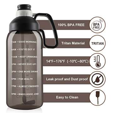 Opard Half Gallon Water Bottle with Time Marker, 64oz Motivational Water Jug Large Sports Water Bottle with Straw Handle BPA Free for Gym Fitness (Black)