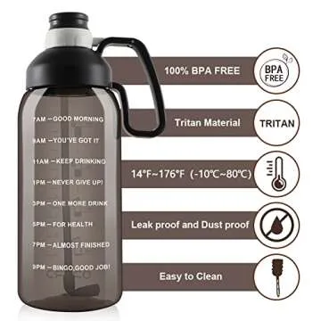 Opard Half Gallon Water Bottle with Time Marker, 64oz Motivational Water Jug Large Sports Water Bottle with Straw Handle BPA Free for Gym Fitness (Black)
