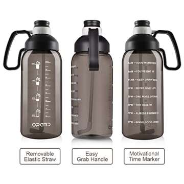 Opard Half Gallon Water Bottle with Time Marker, 64oz Motivational Water Jug Large Sports Water Bottle with Straw Handle BPA Free for Gym Fitness (Black)