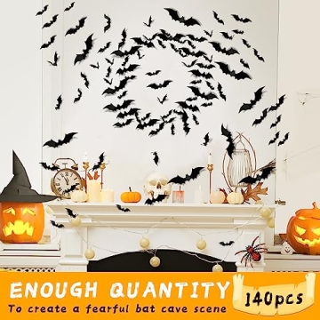 Realistic 3D Black Bat Stickers Halloween Decorations 140PCS