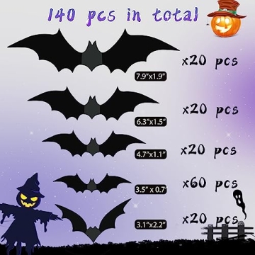 Realistic 3D Black Bat Stickers Halloween Decorations 140PCS