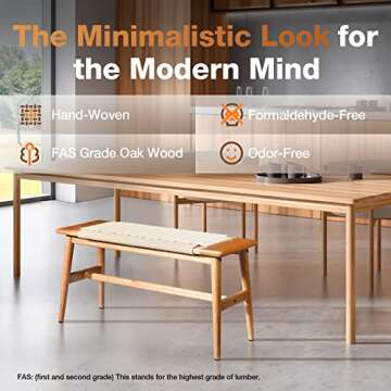 Fancyarn Woven Bench, 32" L FAS Grade Solid Oak Wood Dining Bench w/Rustic Design, Hand Woven Enterway Bench, Breathable Surface, Firm Mortise & Tenon Structure, Small Bench for Dining Room/Bedroom