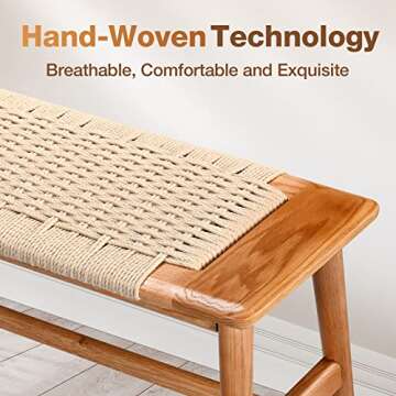 Fancyarn Woven Bench, 32" L FAS Grade Solid Oak Wood Dining Bench w/Rustic Design, Hand Woven Enterway Bench, Breathable Surface, Firm Mortise & Tenon Structure, Small Bench for Dining Room/Bedroom