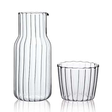 Sizikato 15 Oz Clear Striped Glass Bedside Night Water Carafe with Tumbler Glass.