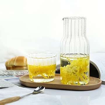 Sizikato 15 Oz Clear Striped Glass Bedside Night Water Carafe with Tumbler Glass.