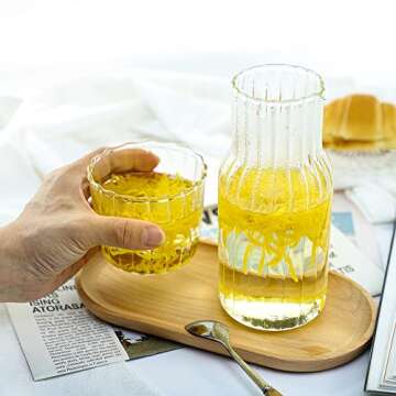 Sizikato 15 Oz Clear Striped Glass Bedside Night Water Carafe with Tumbler Glass.