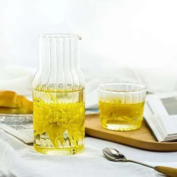 Sizikato 15 Oz Clear Striped Glass Bedside Night Water Carafe with Tumbler Glass.