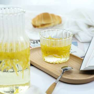 Sizikato 15 Oz Clear Striped Glass Bedside Night Water Carafe with Tumbler Glass.