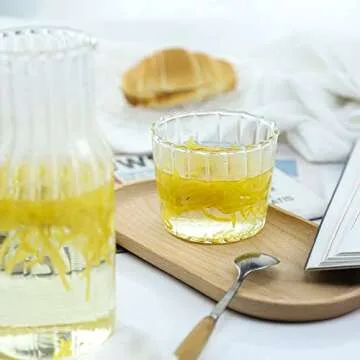 Sizikato 15 Oz Clear Striped Glass Bedside Night Water Carafe with Tumbler Glass.