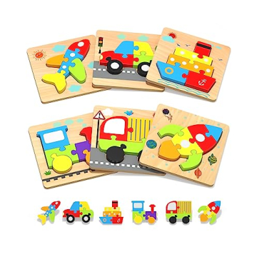 Yetonamr Wooden Toddler Puzzles - 6 Educational Vehicle Toys